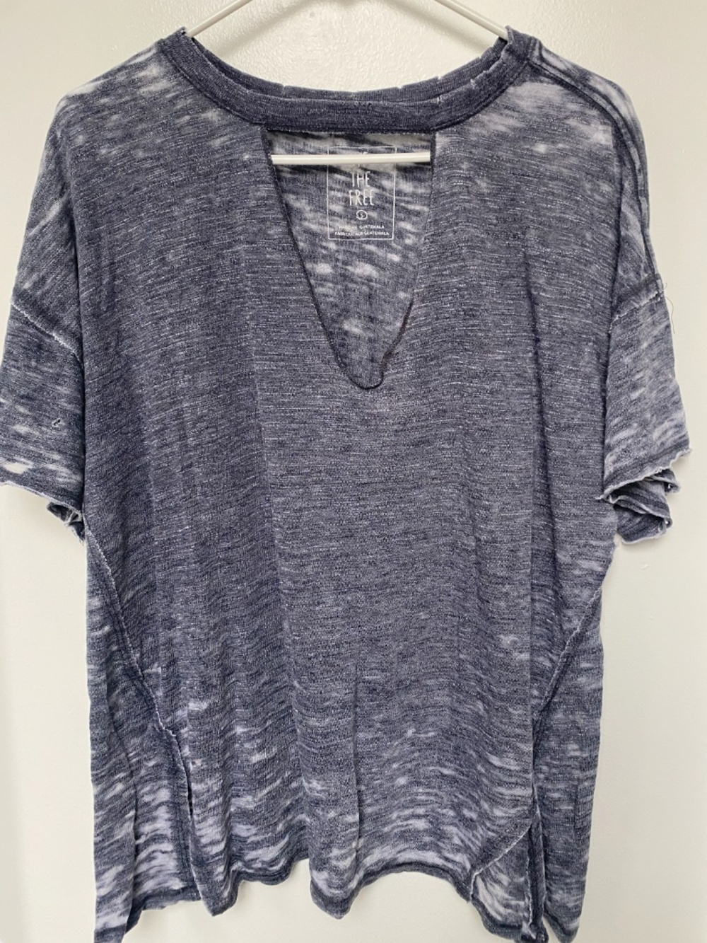 Free People We The Free Blue Gray Distressed Oversized V-Neck T-Shirt